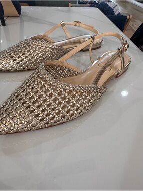 Jessica Simpson Gold Woven Pointed Slingback Mules
